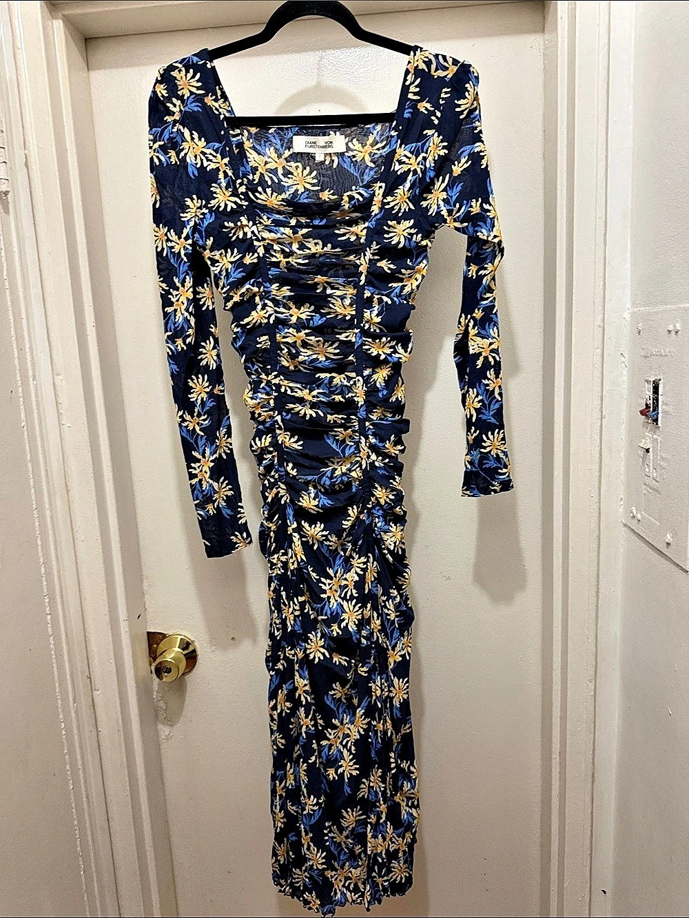 Princess Polly Floral Ruched Maxi Dress in Blue & Yellow Like New